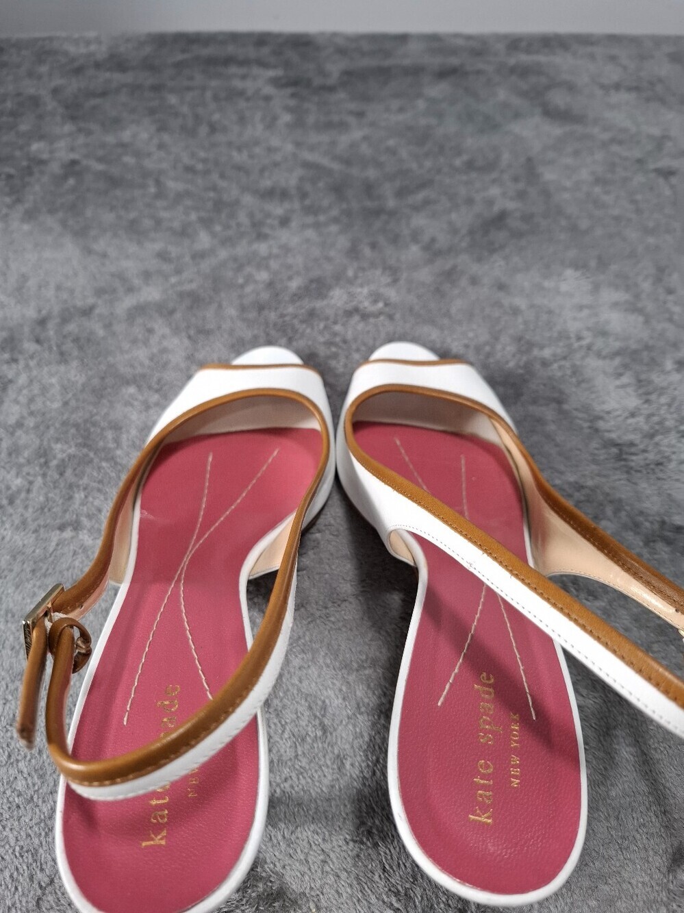 kate spade White Peep-Toe Slingback Heels with Tan Trim and Pink Insole Sz 8.5 - Picture 6 of 14